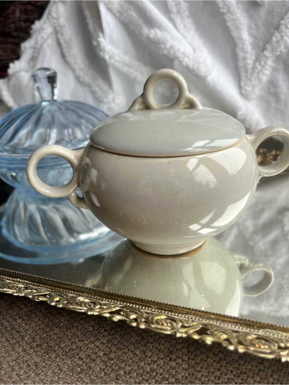 Universal Ballerina Midcentury Pale Blue Ceramic Bowl with Lid, Loop Handles